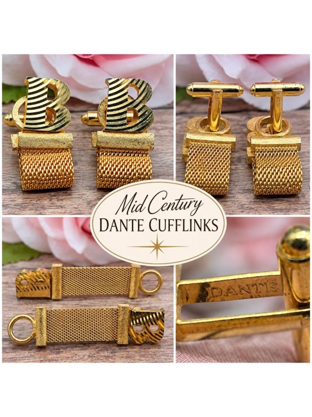 Vintage Dante Gold Tone B Monogram Cufflinks Mesh Shirt Wraps Set Mid Century
